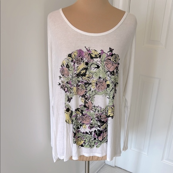 Lauren Moshi Tops - Lauren Moshi Floral Skull Ribbed White Long Sleeve Tunic